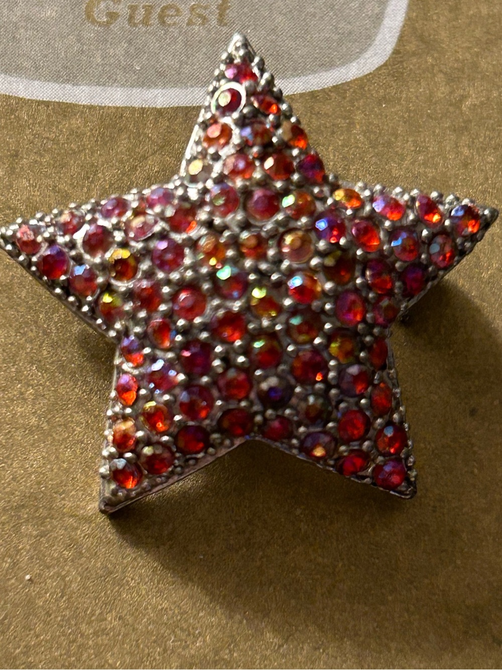 Vintage Star brooch Orange-Red Aurora Borealis crystals silvertone metal